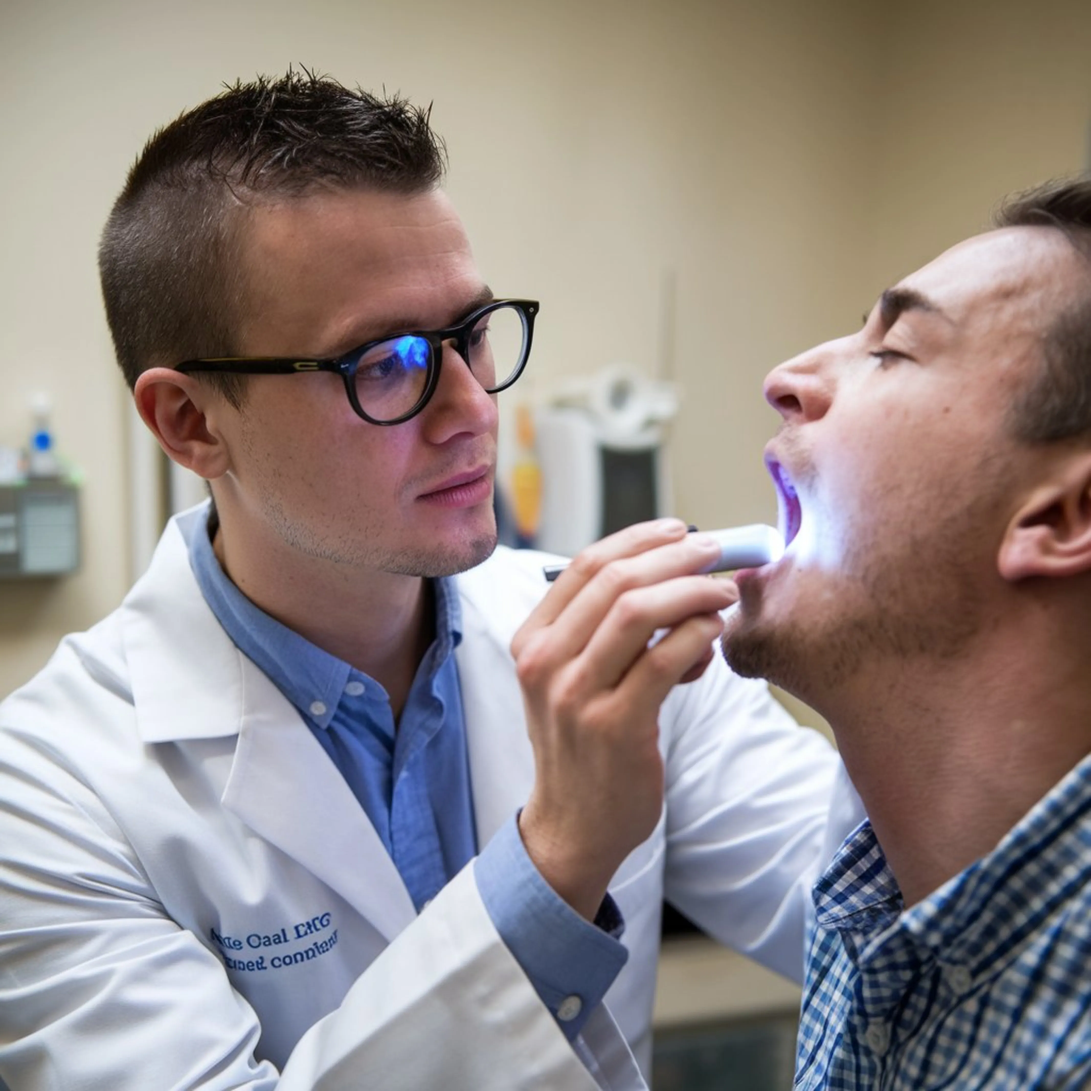 A dentist examining a patient's mouth and soft tissues