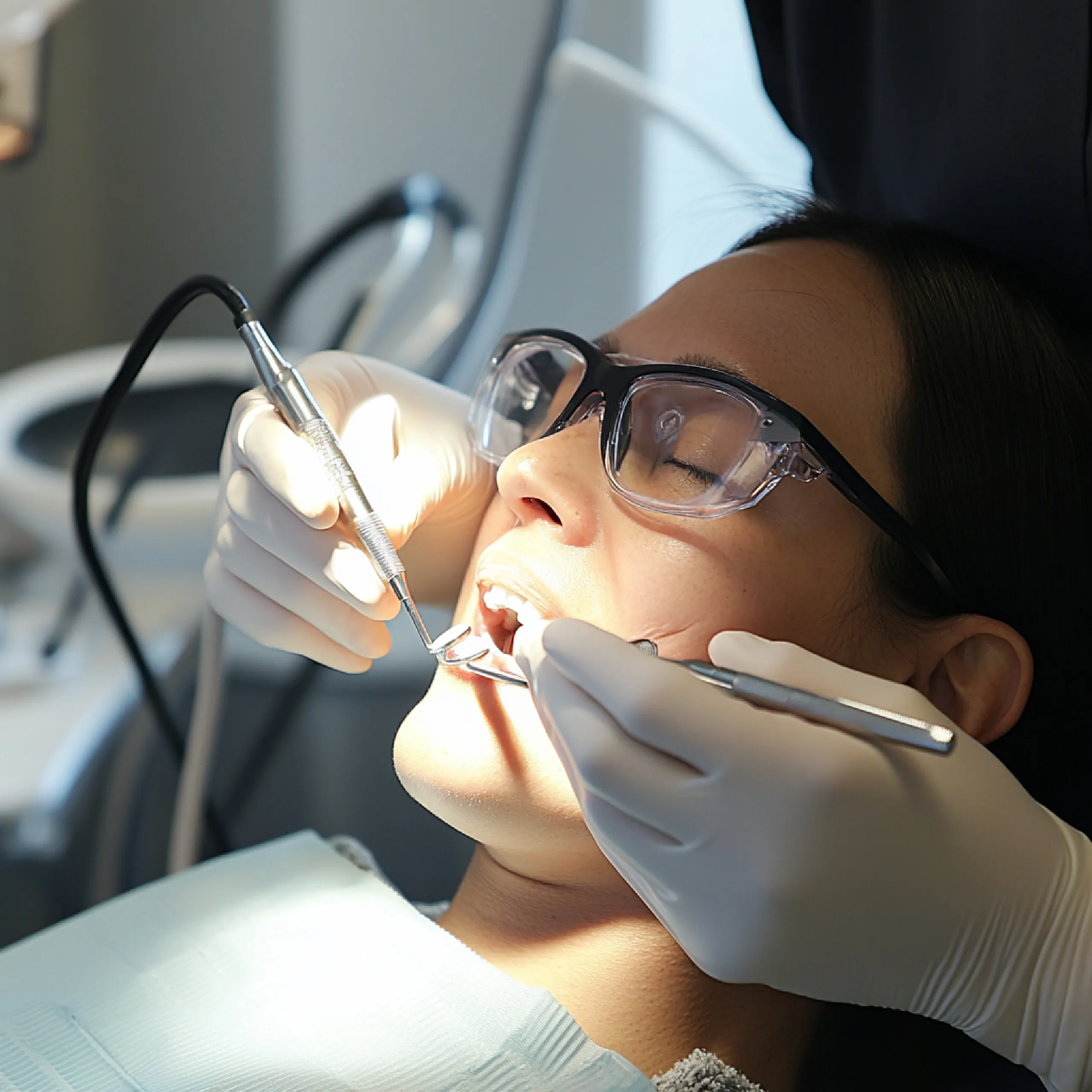 A close-up of scaling to remove tartar below the gumline